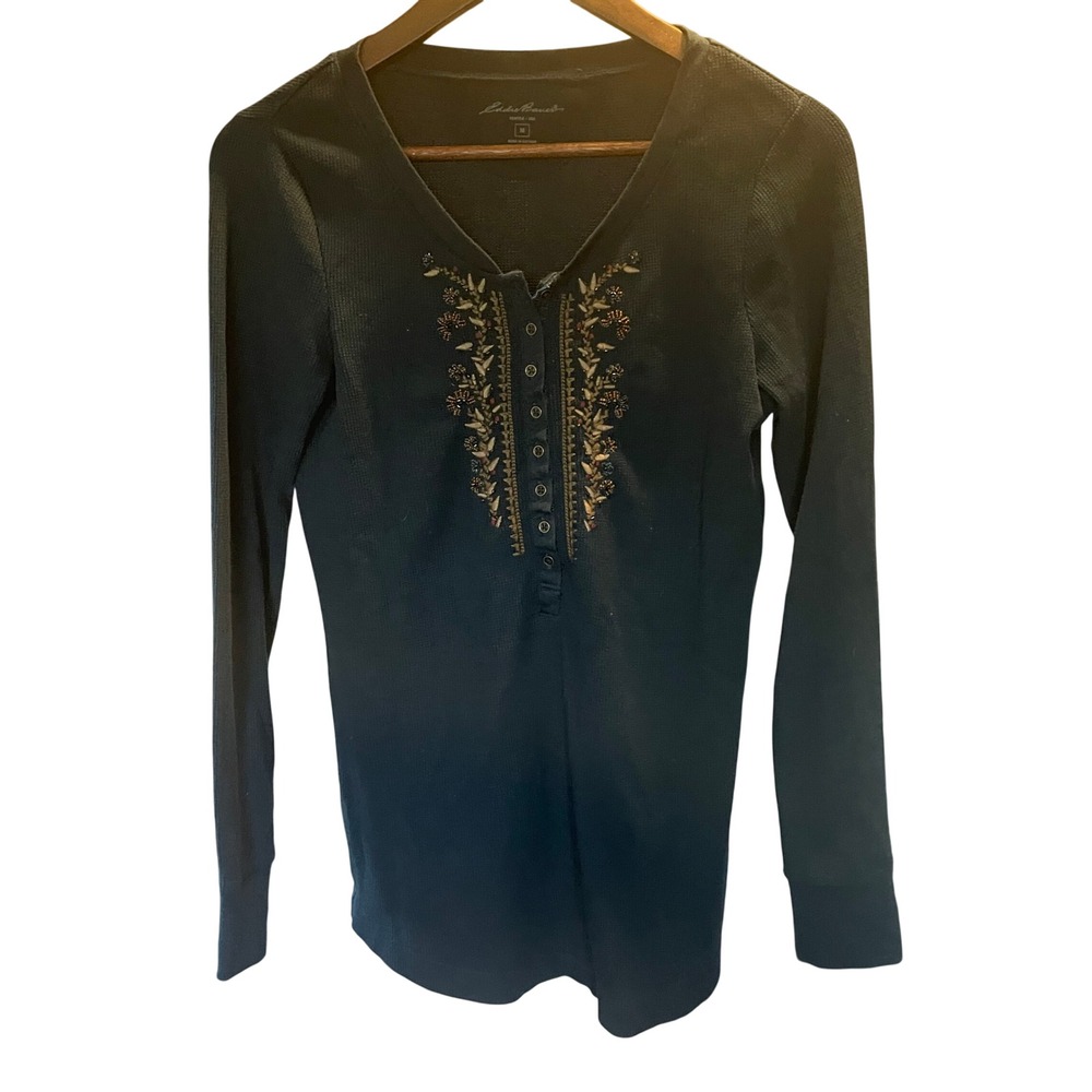 Womens Y2K Whimsigoth Fairy Beaded Waffle Knit Henley Thermal Top Size M